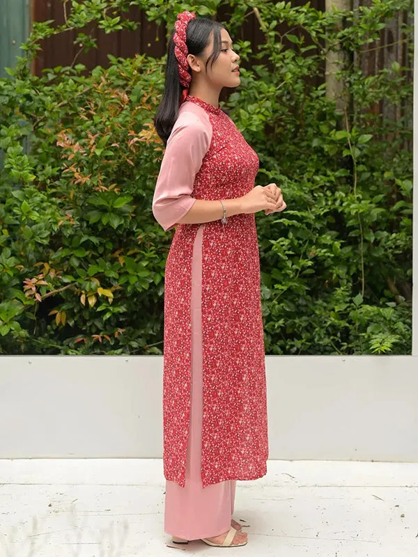 Ao Dai Vietnam Red/Pink Hoa Include Ao Dai Top And Pants With Twisted Headband