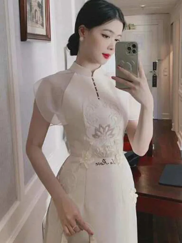 Ao Dai Vietnam White Sparkle Formal Includes One Ao Dai Top And Pants