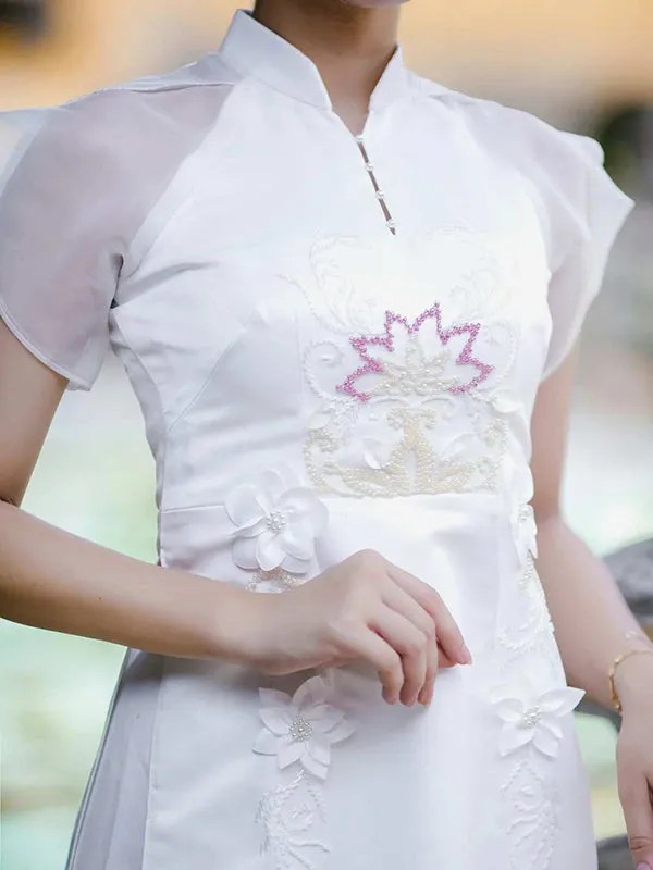 Ao Dai Vietnam White Sparkle Formal Includes One Ao Dai Top And Pants