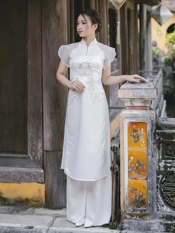 Ao Dai Vietnam White Sparkle Formal Includes One Ao Dai Top And Pants