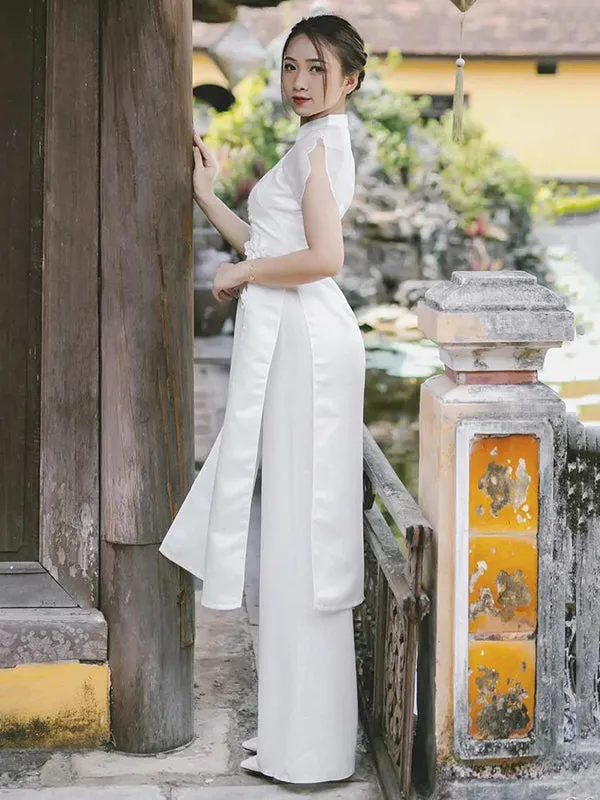 Ao Dai Vietnam White Sparkle Formal Includes One Ao Dai Top And Pants