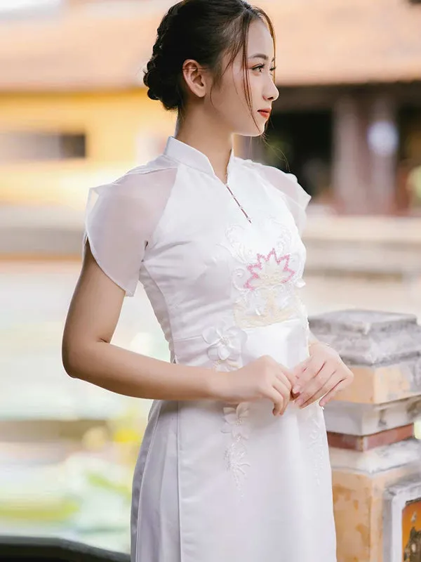 Ao Dai Vietnam White Sparkle Formal Includes One Ao Dai Top And Pants