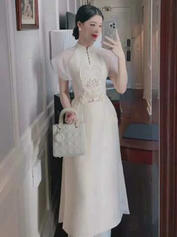 Ao Dai Vietnam White Sparkle Formal Includes One Ao Dai Top And Pants