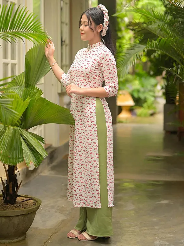 Ao Dai Vietnam White/Red Hoa Ao Dai Top And Pants With Twisted Headband