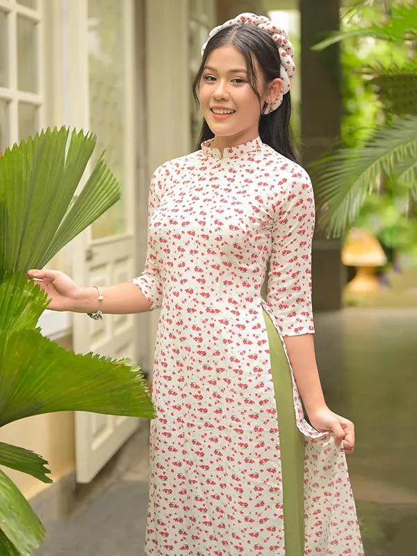 Ao Dai Vietnam White/Red Hoa Ao Dai Top And Pants With Twisted Headband