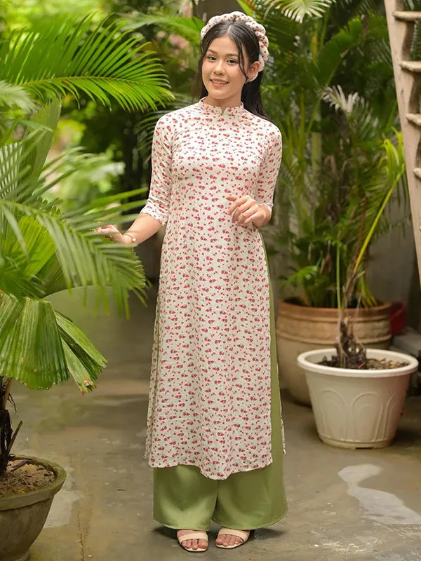 Ao Dai Vietnam White/Red Hoa Ao Dai Top And Pants With Twisted Headband