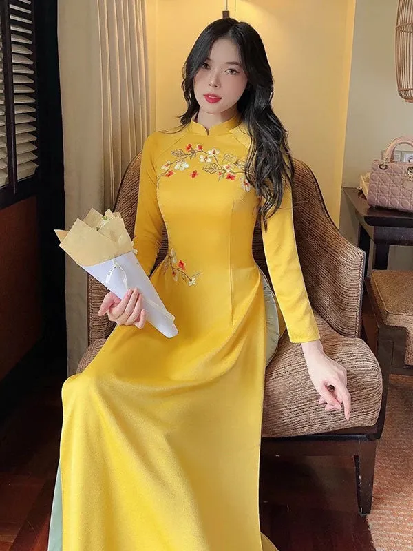 Ao Dai Vietnam Yellow Embroidery Ao Dai Include Ao Dai Top And Pants