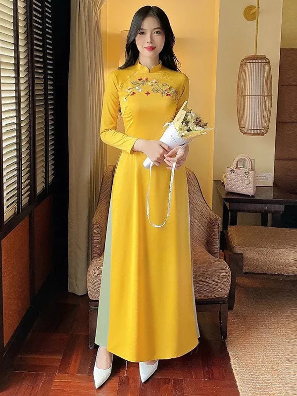 Ao Dai Vietnam Yellow Embroidery Ao Dai Include Ao Dai Top And Pants