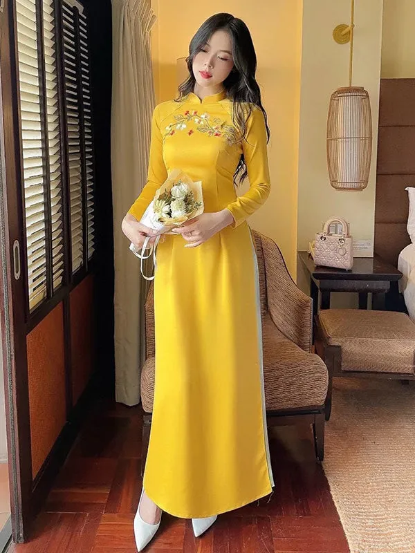 Ao Dai Vietnam Yellow Embroidery Ao Dai Include Ao Dai Top And Pants