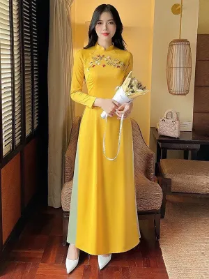 Ao Dai Vietnam Yellow Embroidery Ao Dai Include Ao Dai Top And Pants