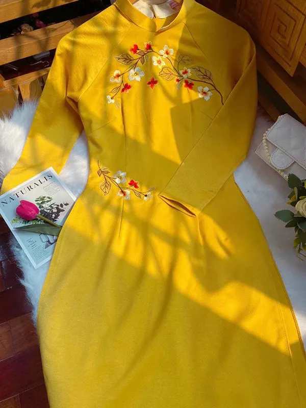 Ao Dai Vietnam Yellow Embroidery Ao Dai Include Ao Dai Top And Pants