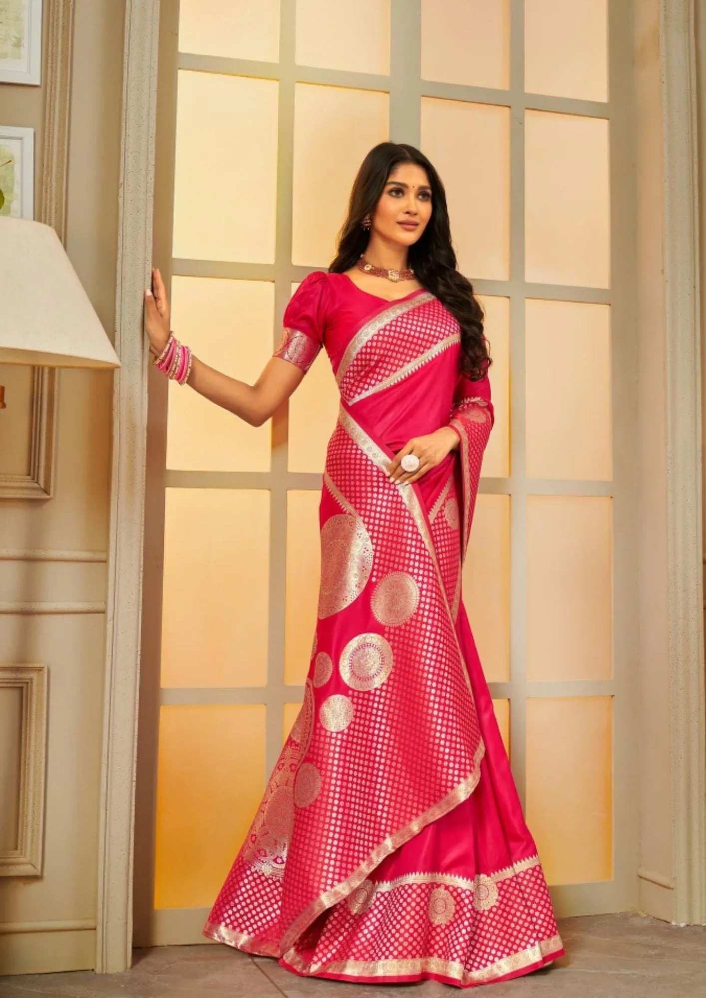 Attractive Pink Colored Banarasi Silk Saree With Flower Motifs For Women