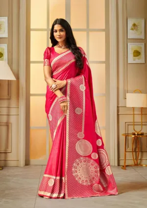 Attractive Pink Colored Banarasi Silk Saree With Flower Motifs For Women