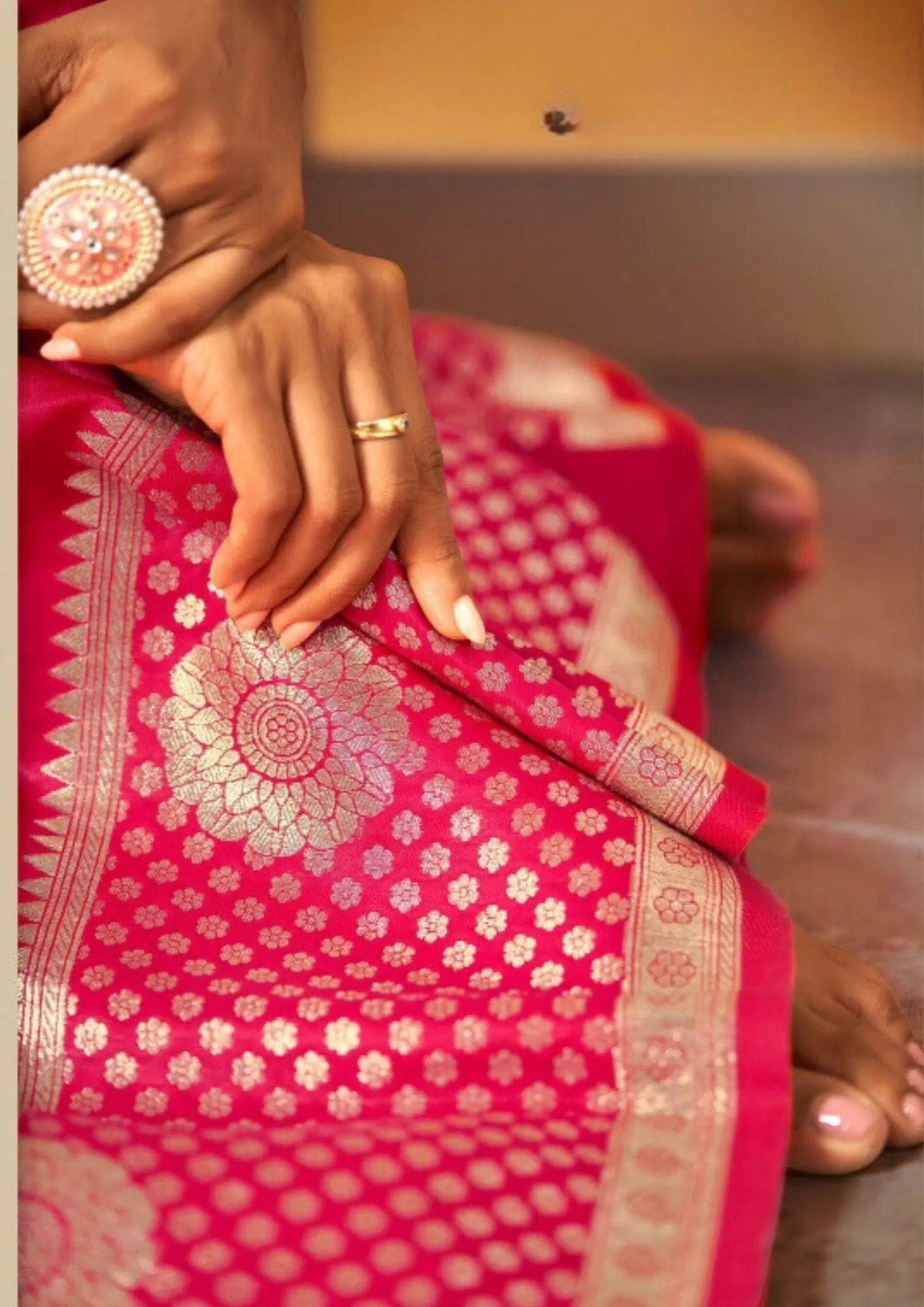 Attractive Pink Colored Banarasi Silk Saree With Flower Motifs For Women