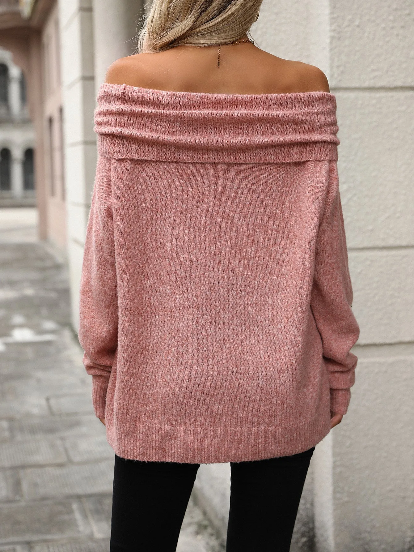 Autumn Winter Pile Collar Solid Color off Shoulder Loose Sexy Knitwear Long Sleeve Sweater Women