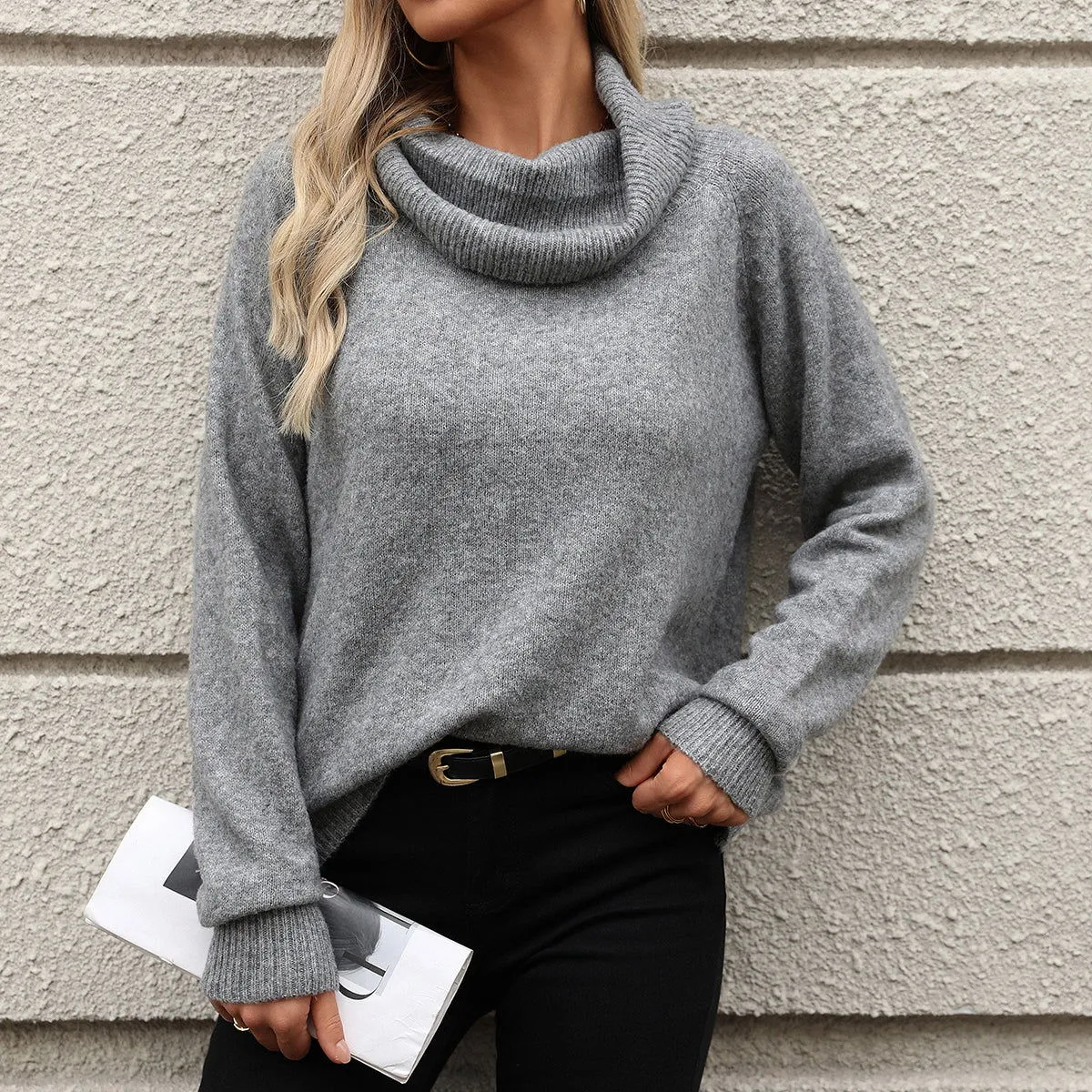 Autumn Winter Pile Collar Solid Color off Shoulder Loose Sexy Knitwear Long Sleeve Sweater Women