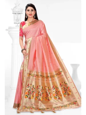 Baby Pink Banarasi Traditional Art Silk Saree with Designer Embroidered Blouse