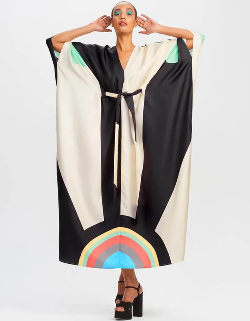 Beige And Black Fancy Soft Satin Silk Kaftan