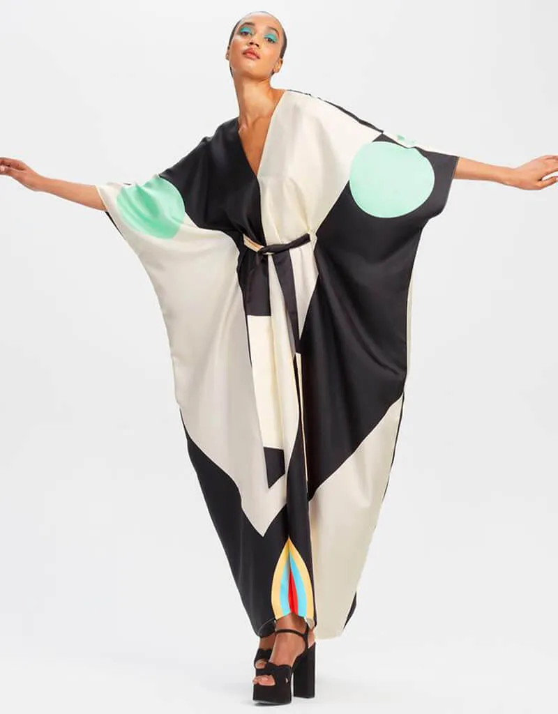 Beige And Black Fancy Soft Satin Silk Kaftan