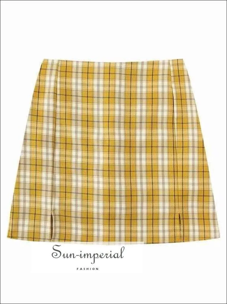 Black Double front Slit High Waist Plaid Slim Vintage Green Gingham Checkered Mini Skirt