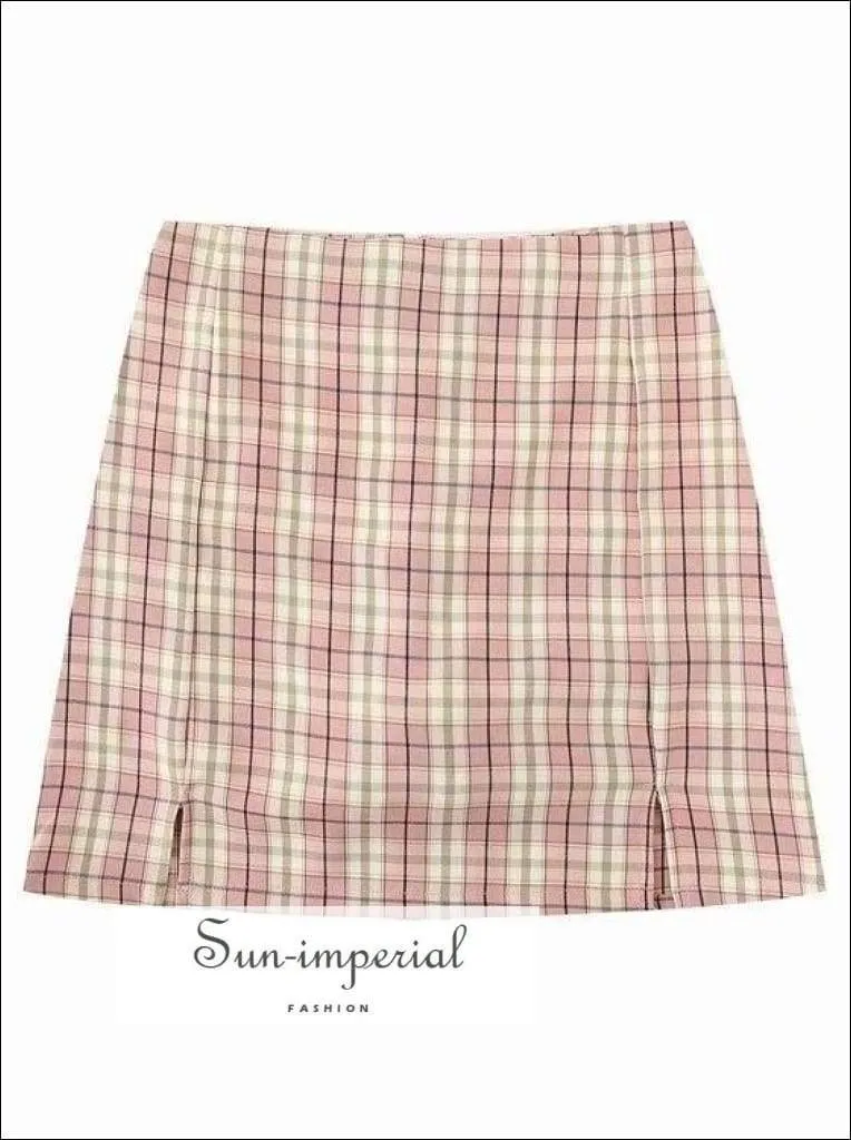 Black Double front Slit High Waist Plaid Slim Vintage Green Gingham Checkered Mini Skirt