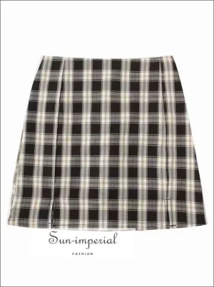 Black Double front Slit High Waist Plaid Slim Vintage Green Gingham Checkered Mini Skirt