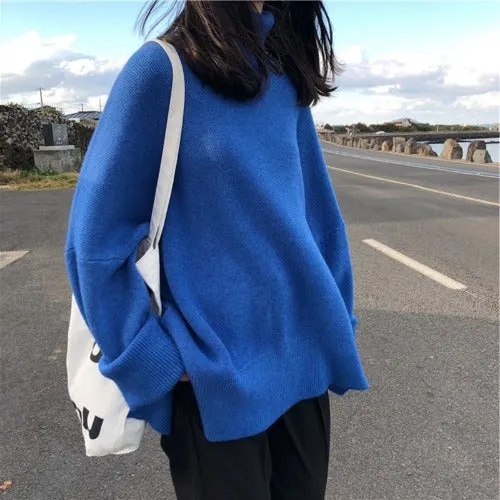 Black turtleneck sweater women fall/winter loose pullover all-match solid color thick outer wear sweater