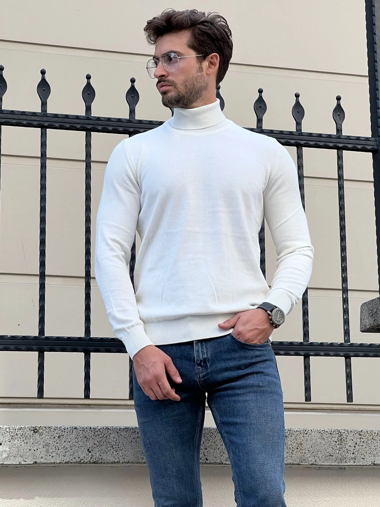 Bojoni Astoria Slim Fit White Turtleneck Sweater