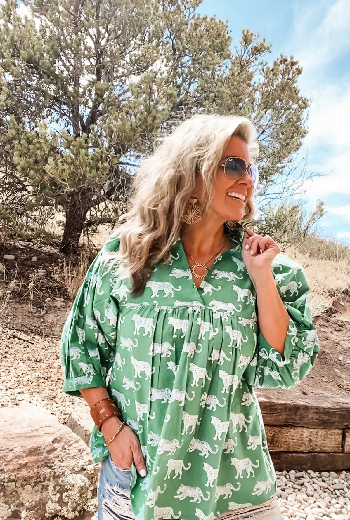 Bungalow Icon Top - Green Cheetah