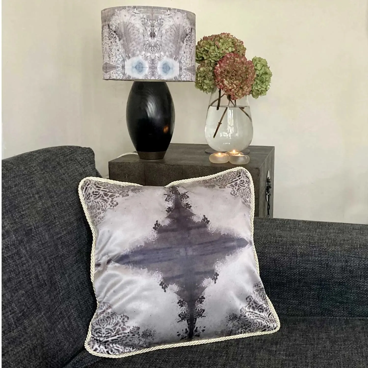 Burano Lace White and Purple Greys Silk Cushion