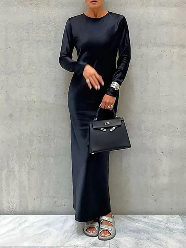 Casual Loose Long Sleeves Solid Color Round-Neck Maxi Dresses