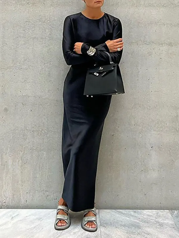 Casual Loose Long Sleeves Solid Color Round-Neck Maxi Dresses