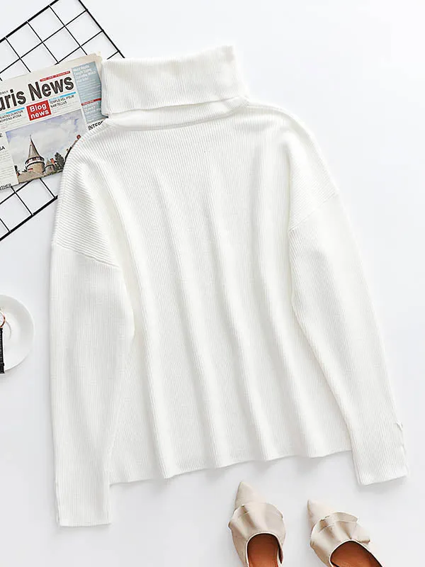 Casual Loose Solid Color High-Neck Long Sleeves Knitwear