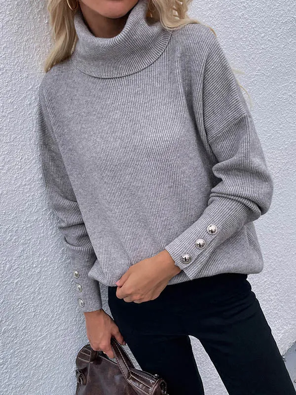 Casual Loose Solid Color High-Neck Long Sleeves Knitwear