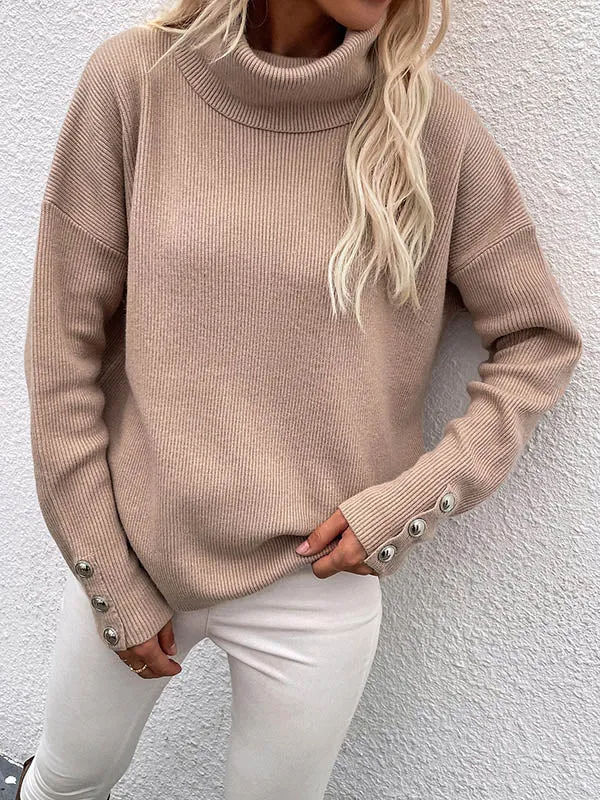 Casual Loose Solid Color High-Neck Long Sleeves Knitwear