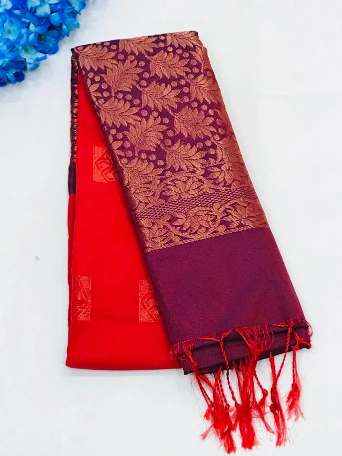 Charming Red Color Soft Silk Saree With Contrast Bordered For Women