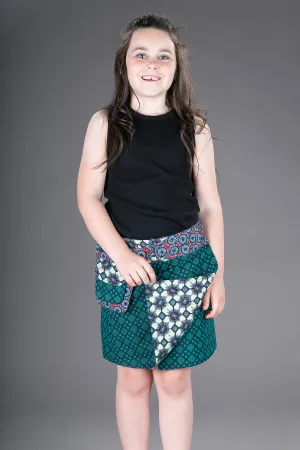 Childrens Reversible Cotton Skirt Green Yellow