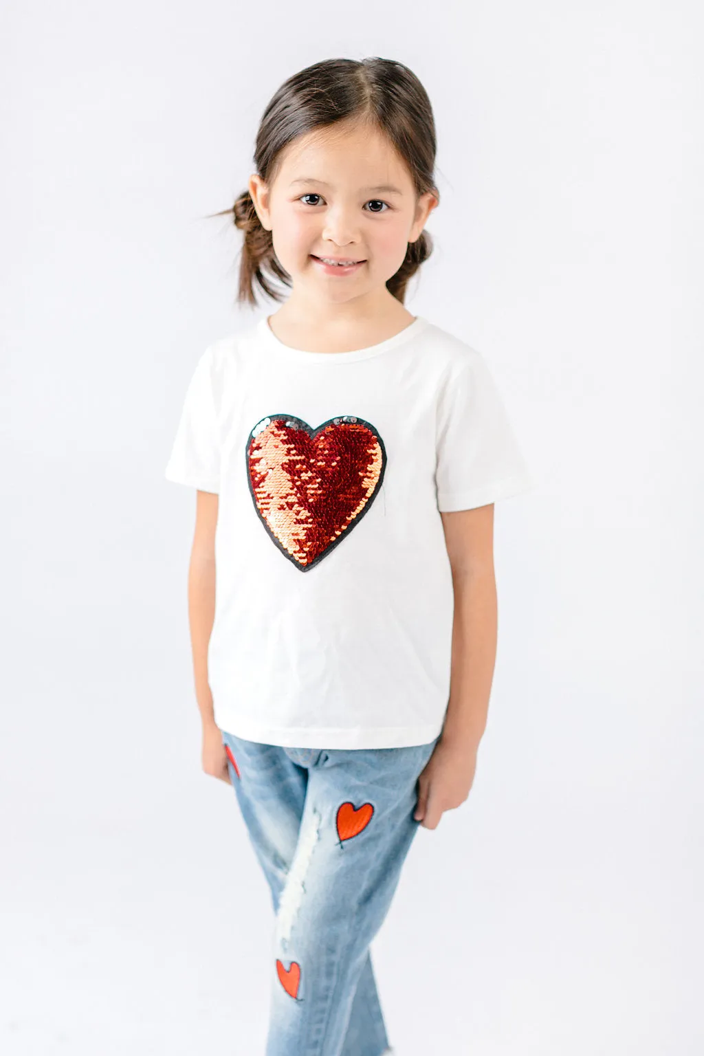 Cotton Tee w/ Heart Sequined Patch