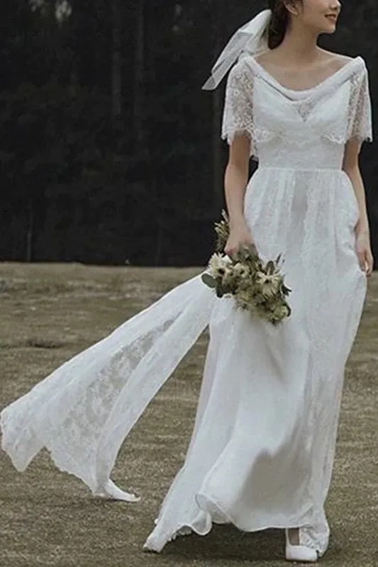 Country Style Flowy Bohemian Lace Wedding Dress