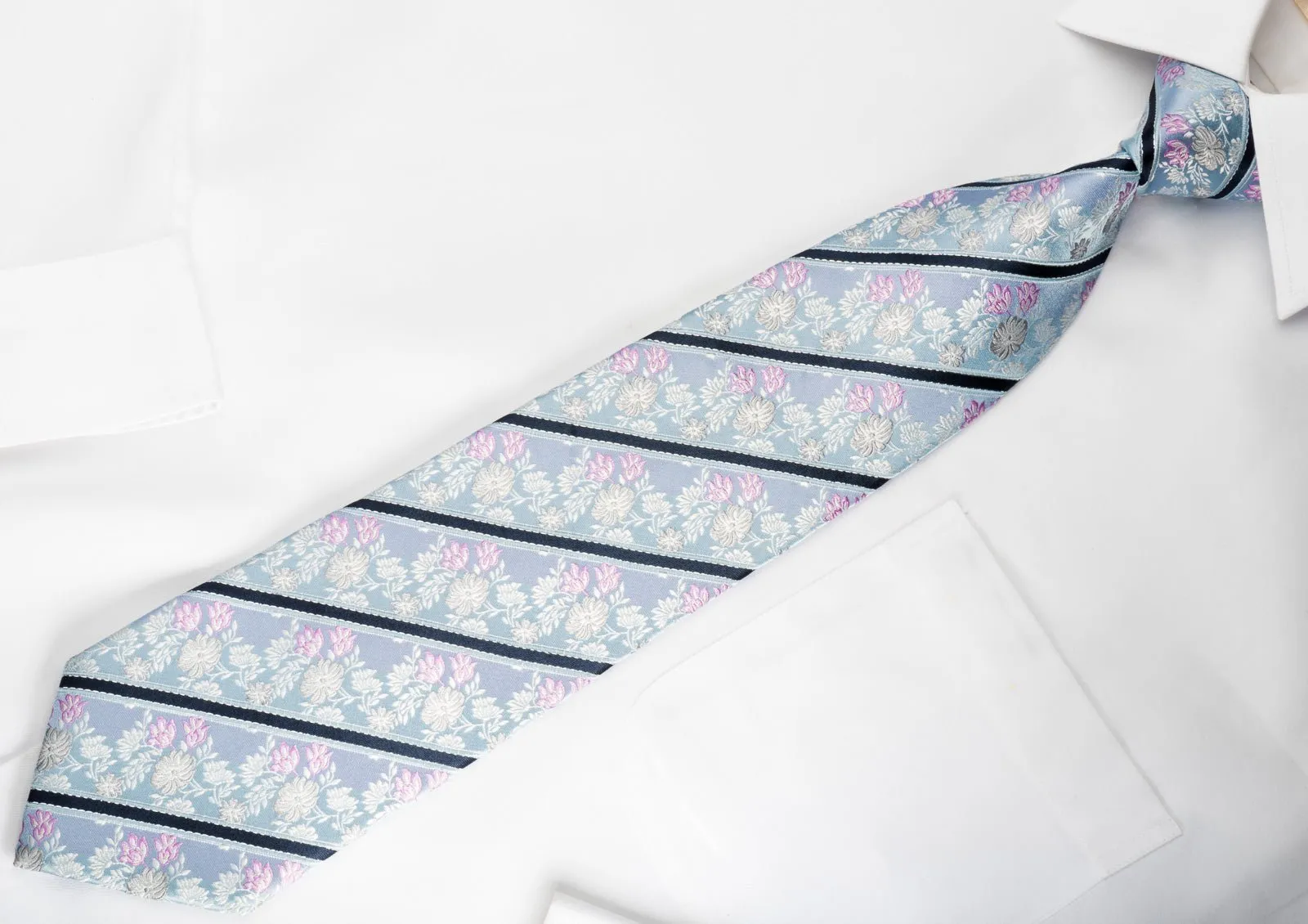 Daniel Hechter Men's Woven Silk Necktie Stripes & Floral On Sky Blue With Silver Sparkles