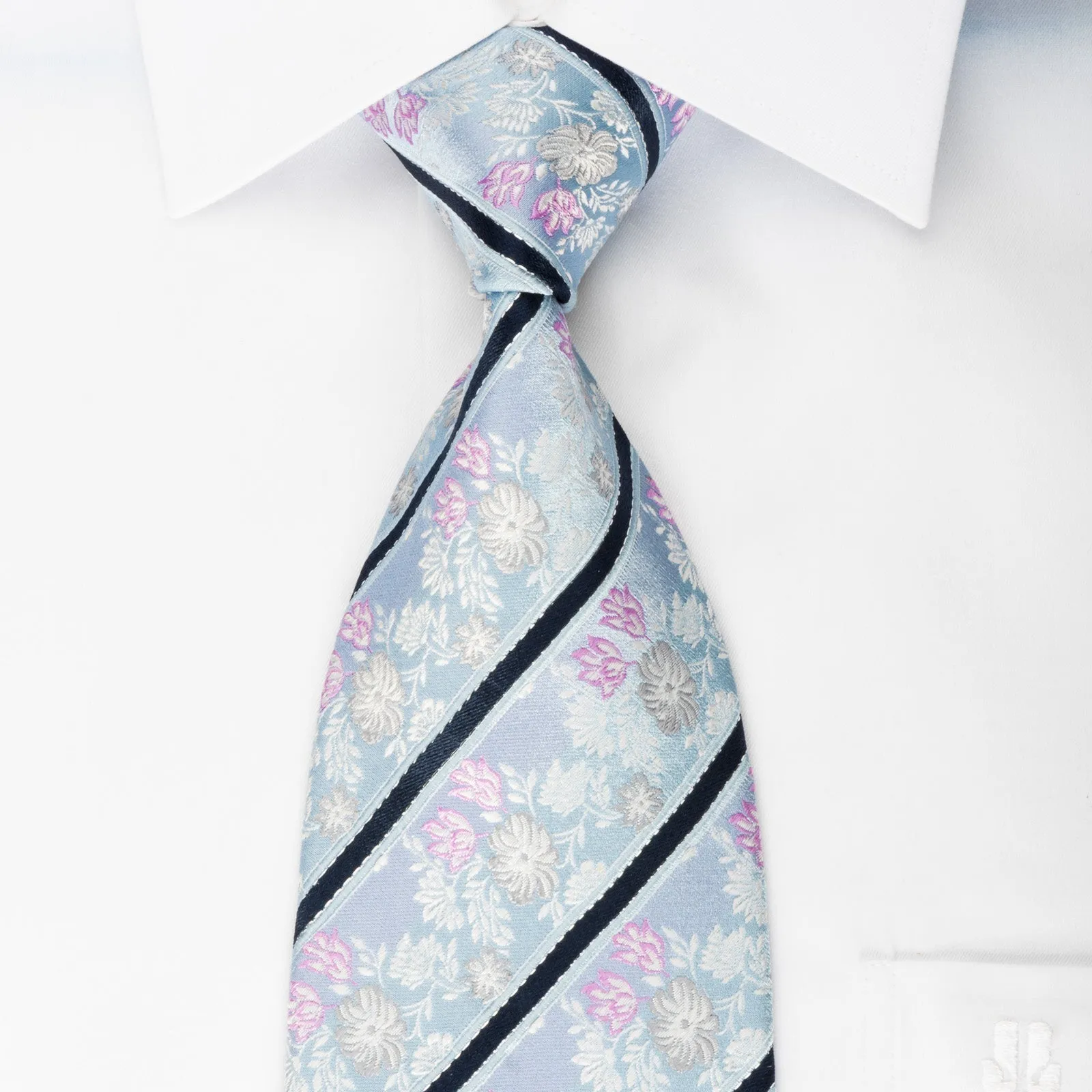 Daniel Hechter Men's Woven Silk Necktie Stripes & Floral On Sky Blue With Silver Sparkles