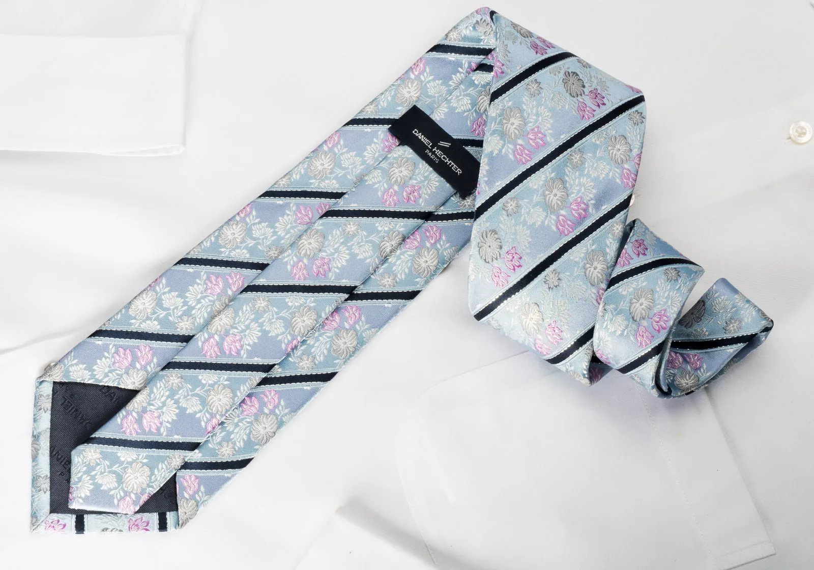 Daniel Hechter Men's Woven Silk Necktie Stripes & Floral On Sky Blue With Silver Sparkles