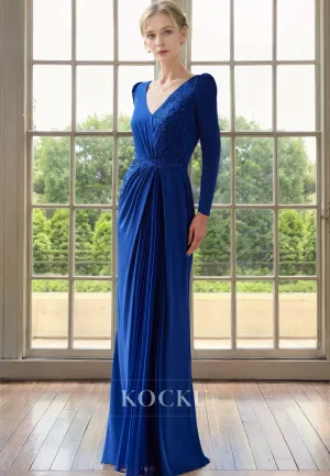 Elegant & Simple Long sleeves V-Neck Sheath Satin Cocktail Mother of the Bride Dress