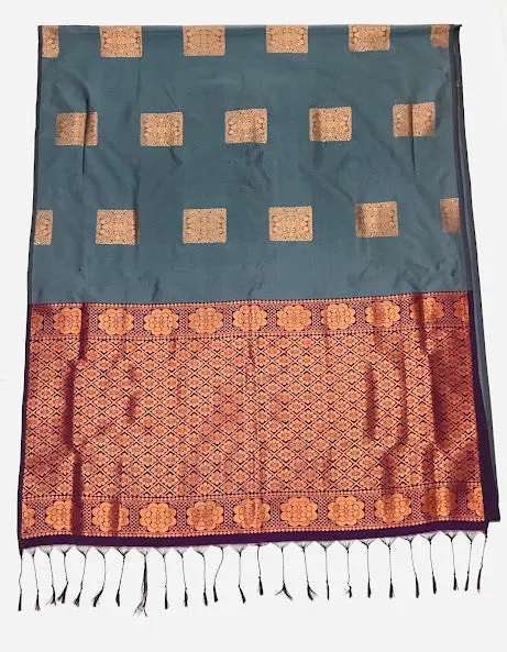 Elegant Grey Colored Floral Designed Soft Silk Saree For Women