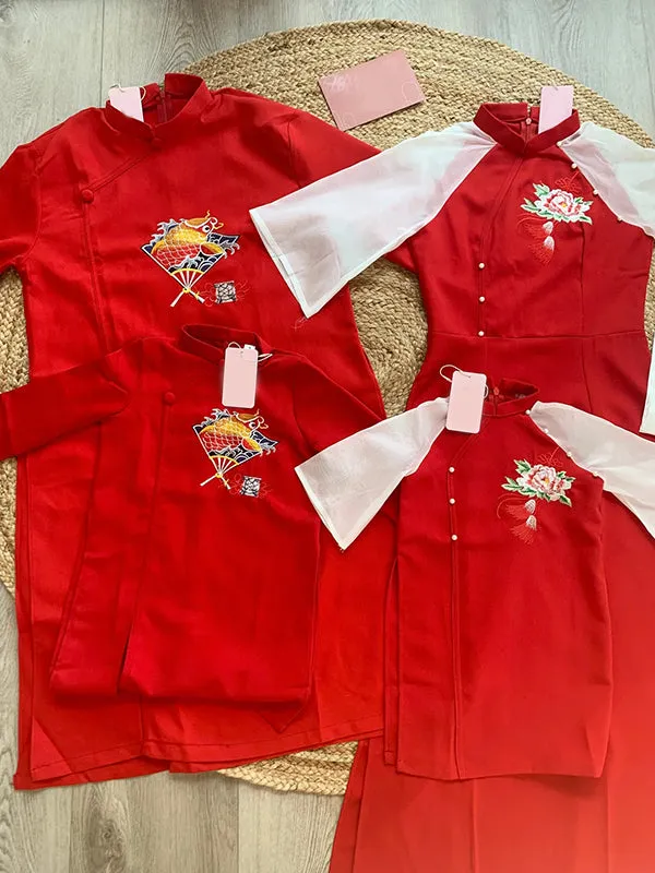 Family Ao Dai Family Red Pearls Ao Dai Women Girl Ao Dai Top Pants Men Boy Ao Dai Top