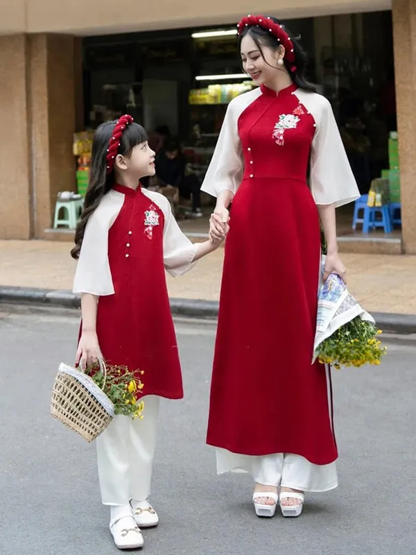 Family Ao Dai Family Red Pearls Ao Dai Women Girl Ao Dai Top Pants Men Boy Ao Dai Top