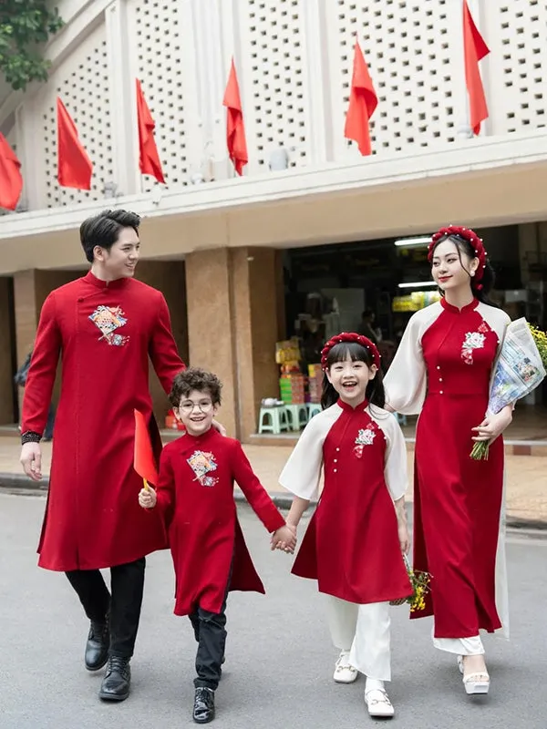 Family Ao Dai Family Red Pearls Ao Dai Women Girl Ao Dai Top Pants Men Boy Ao Dai Top