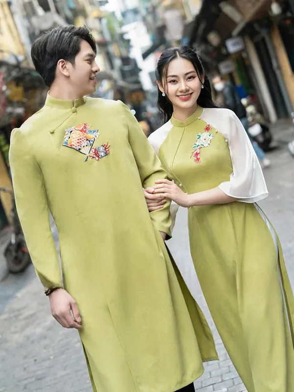 Family Ao Dai  Green Pearls Ao Dai Women Girl Ao Dai Top Pants Men Boy Ao Dai Top