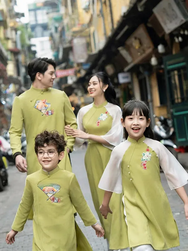 Family Ao Dai  Green Pearls Ao Dai Women Girl Ao Dai Top Pants Men Boy Ao Dai Top