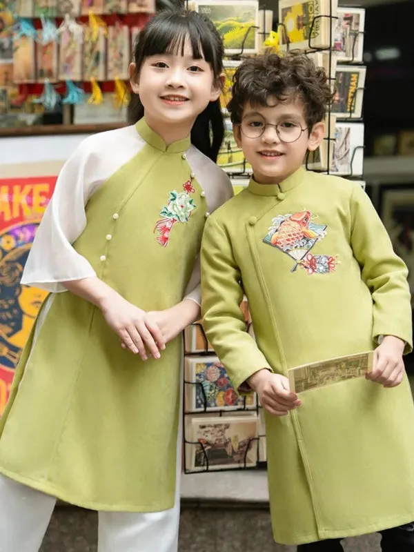 Family Ao Dai  Green Pearls Ao Dai Women Girl Ao Dai Top Pants Men Boy Ao Dai Top